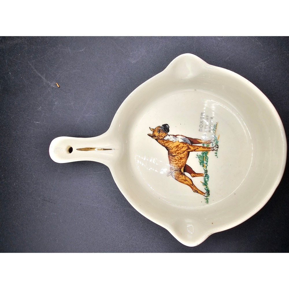 Vintage Boxer Dog Stuart Bruce Ceramic Skillet Ashtray Trinket Dish Cream Gold